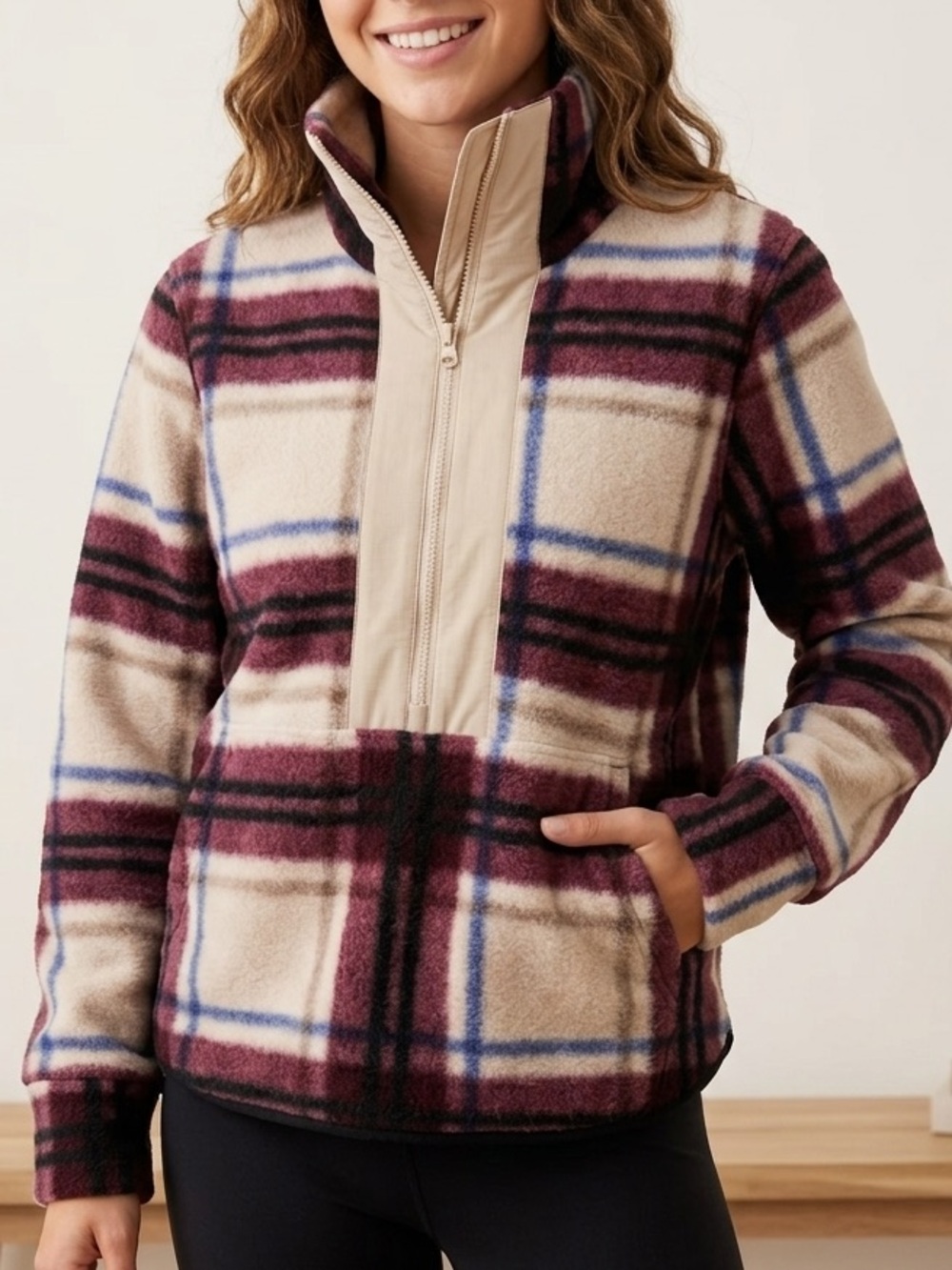ALPINE DESIGN I Fleece Iowa Plaid 1/4 Zip  Pullover - Cream & Burgundy Size XS
